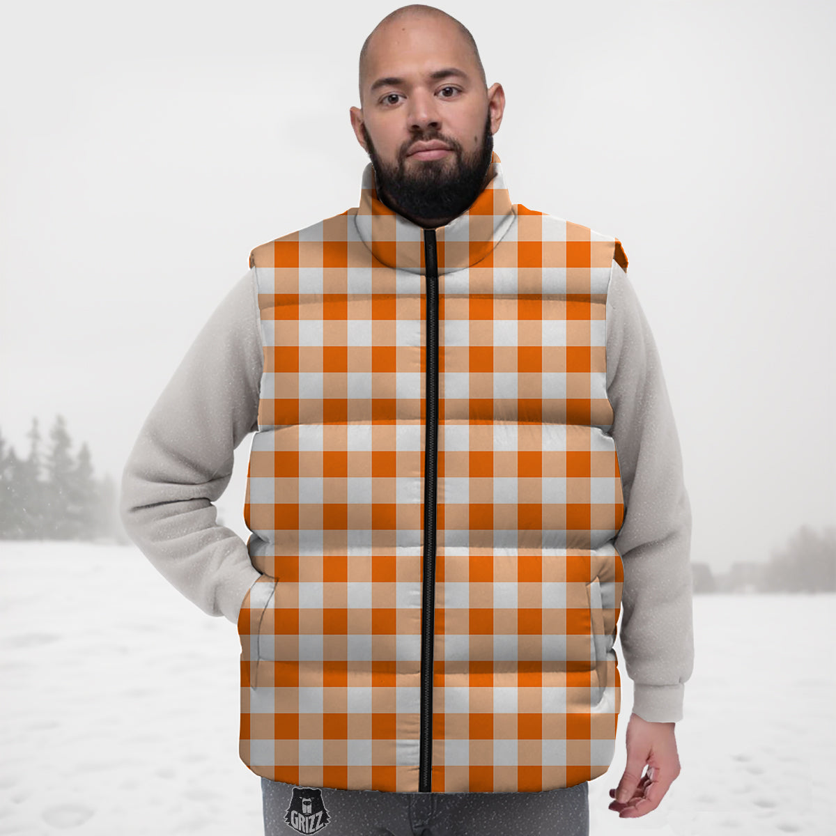 White And Orange Check Print Pattern Down Vest