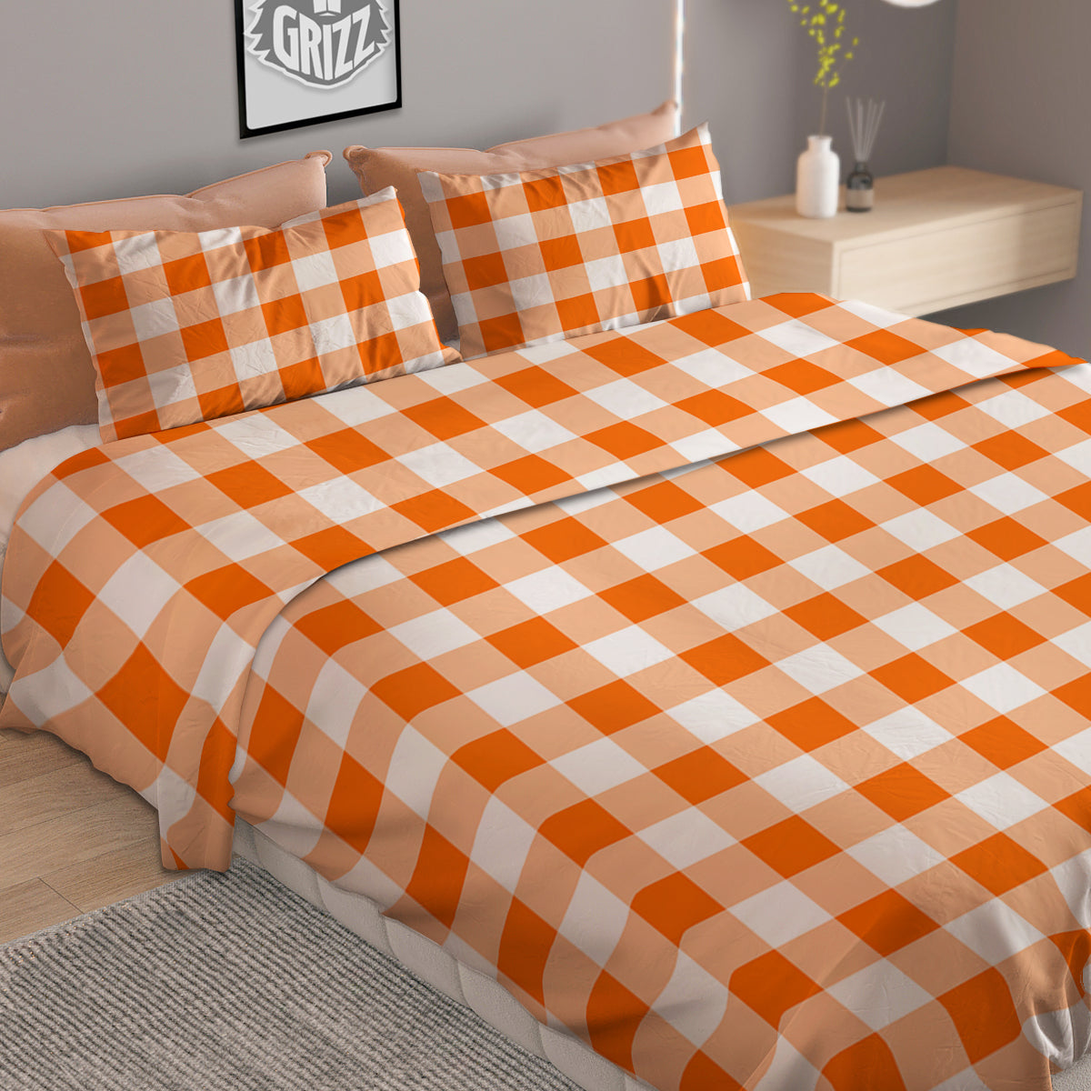 White And Orange Check Print Pattern Duvet Cover Bedding Set