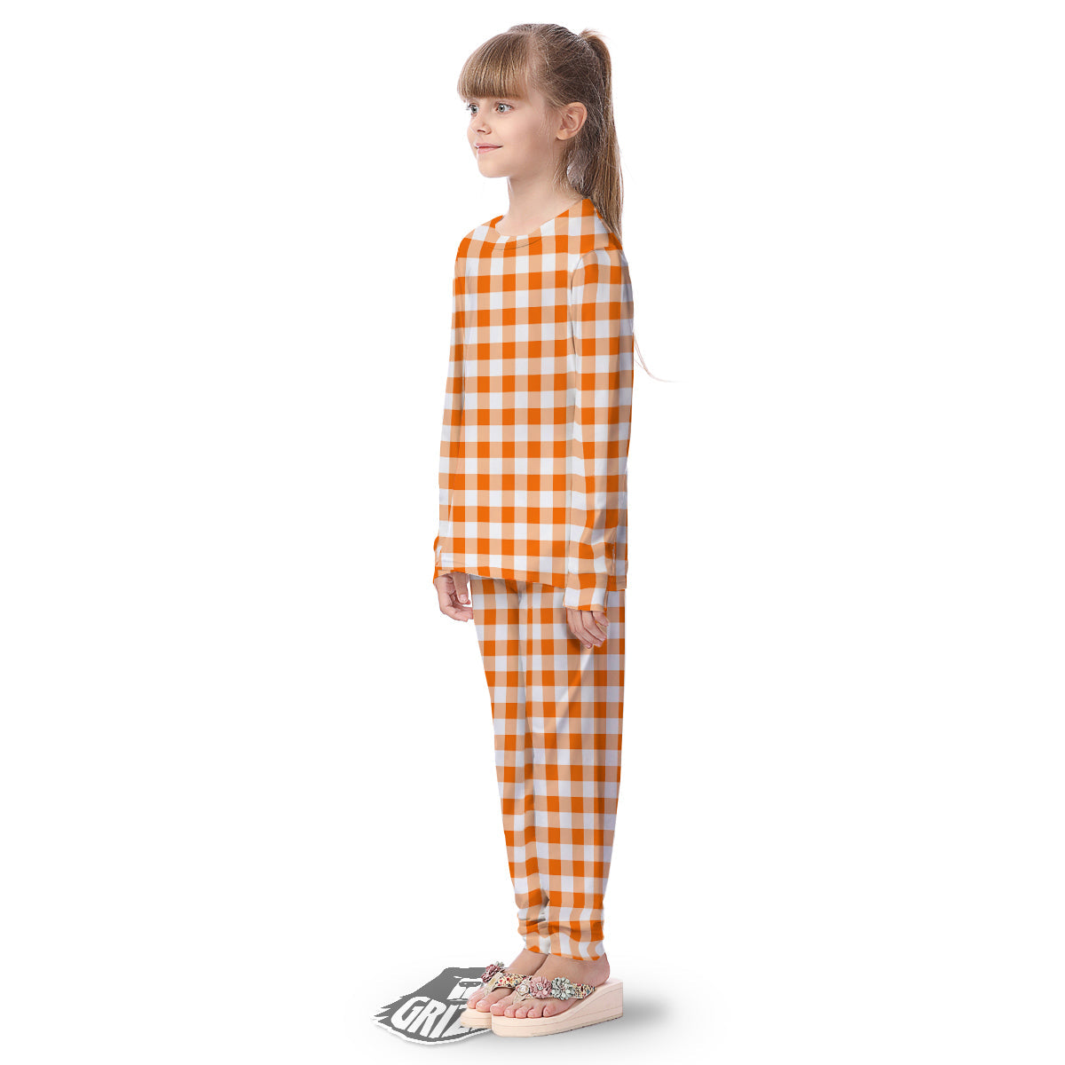White And Orange Check Print Pattern Kid's Pajamas-grizzshop