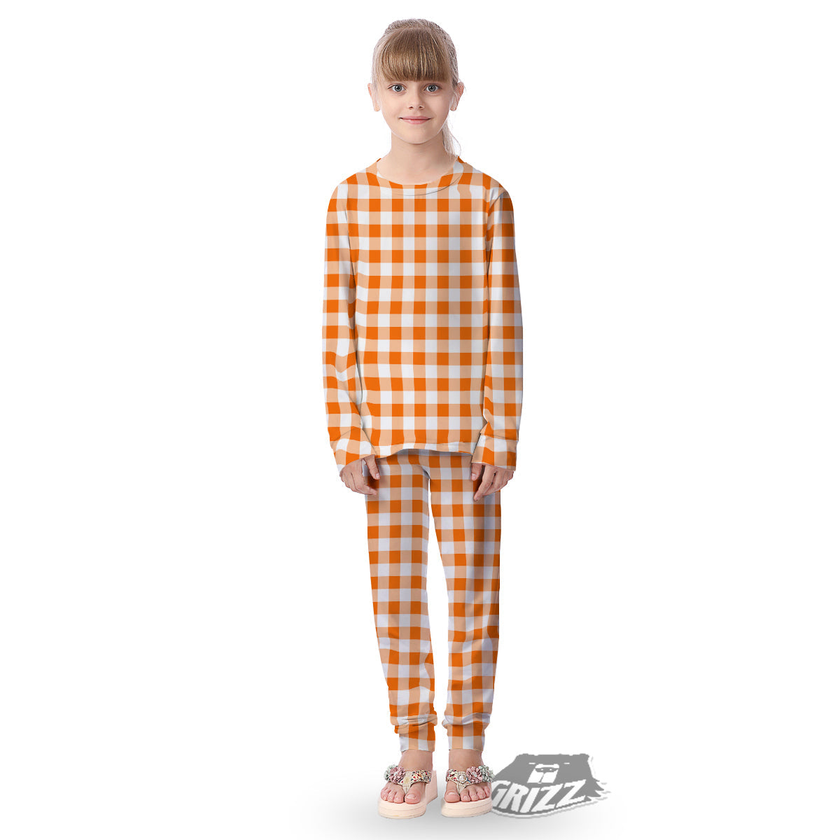 White And Orange Check Print Pattern Kid's Pajamas-grizzshop