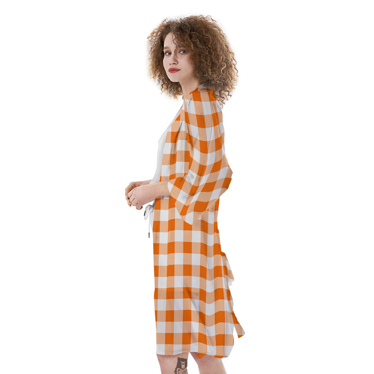 White And Orange Check Print Pattern Kimono-grizzshop