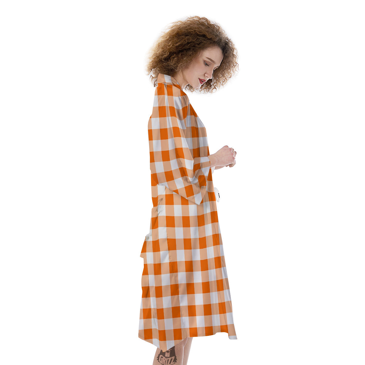 White And Orange Check Print Pattern Kimono-grizzshop