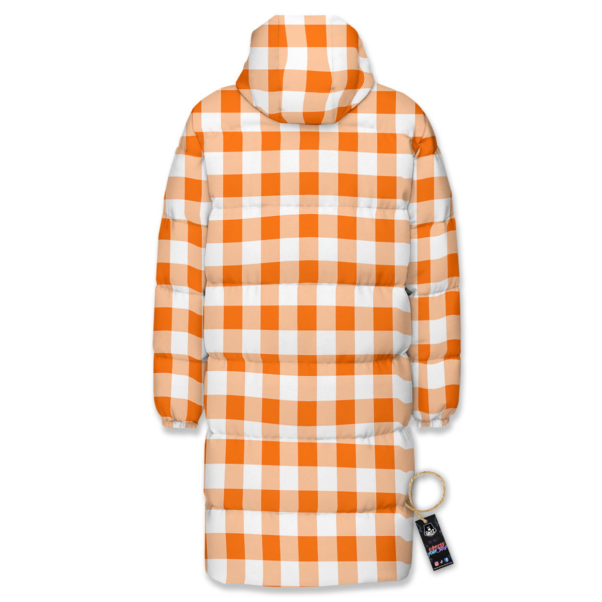 White And Orange Check Print Pattern Long Down Jacket-grizzshop