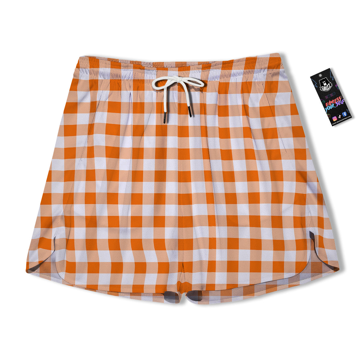 White And Orange Check Print Pattern Men's Running Shorts-grizzshop