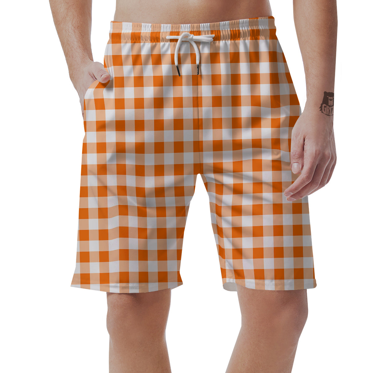 White And Orange Check Print Pattern Men's Shorts-grizzshop