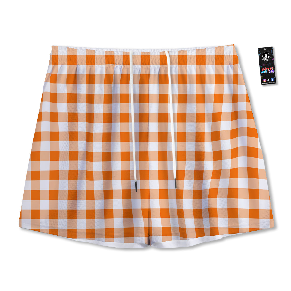 White And Orange Check Print Pattern Mesh Shorts