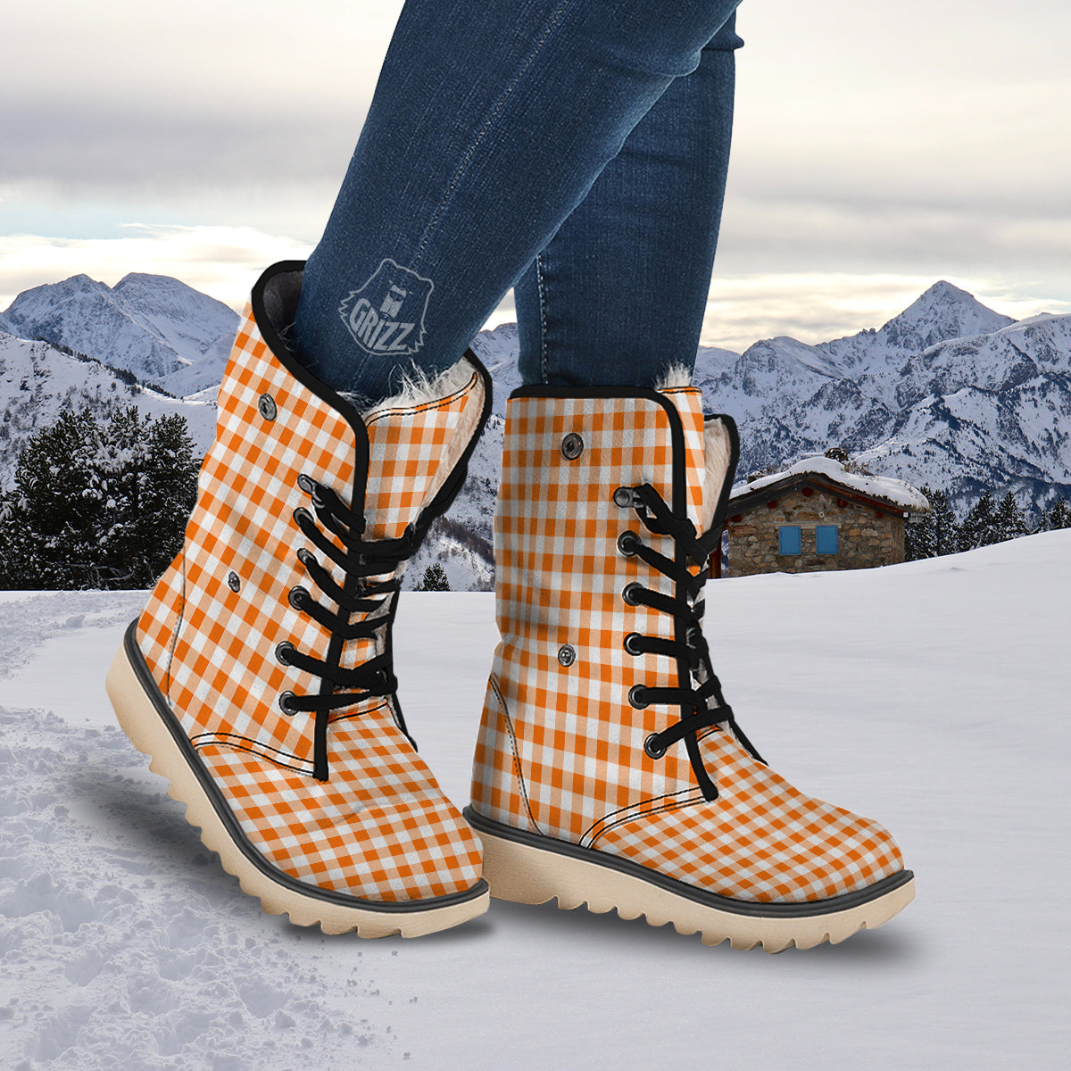 White And Orange Check Print Pattern Snow Boots-grizzshop