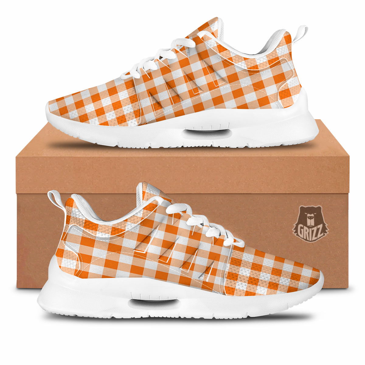 White And Orange Check Print Pattern Tennis Shoes-grizzshop