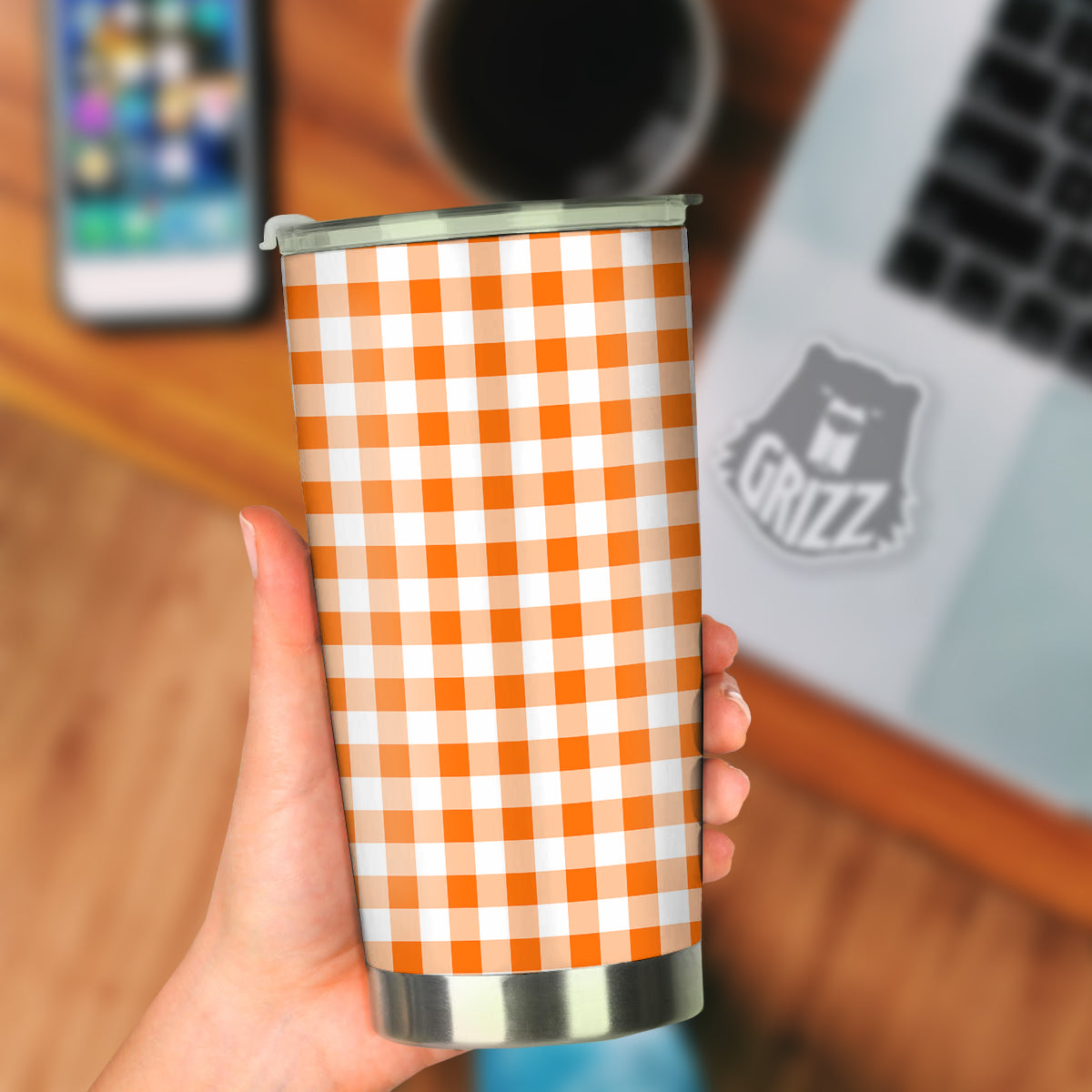 White And Orange Check Print Pattern Tumbler-grizzshop