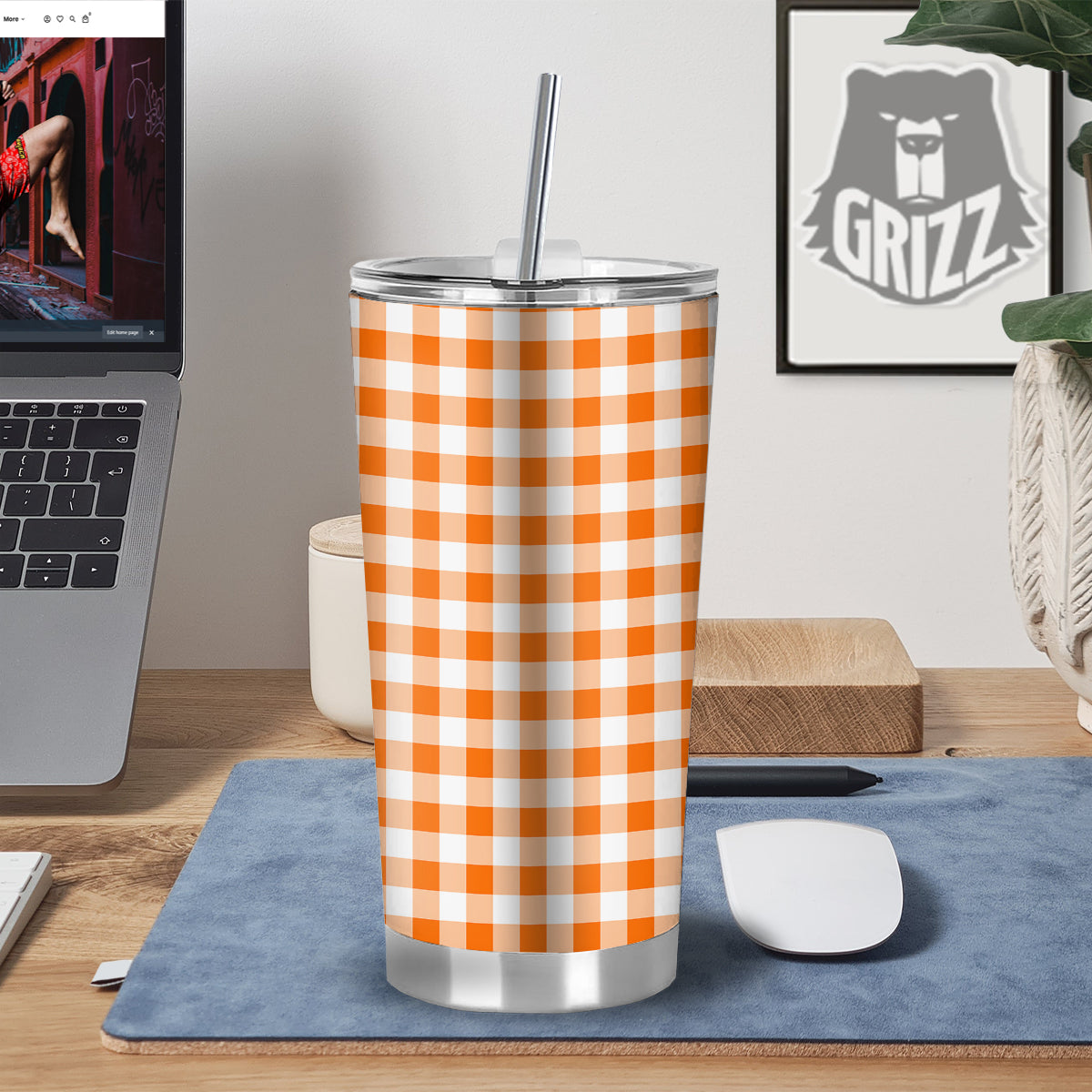 White And Orange Check Print Pattern Tumbler-grizzshop