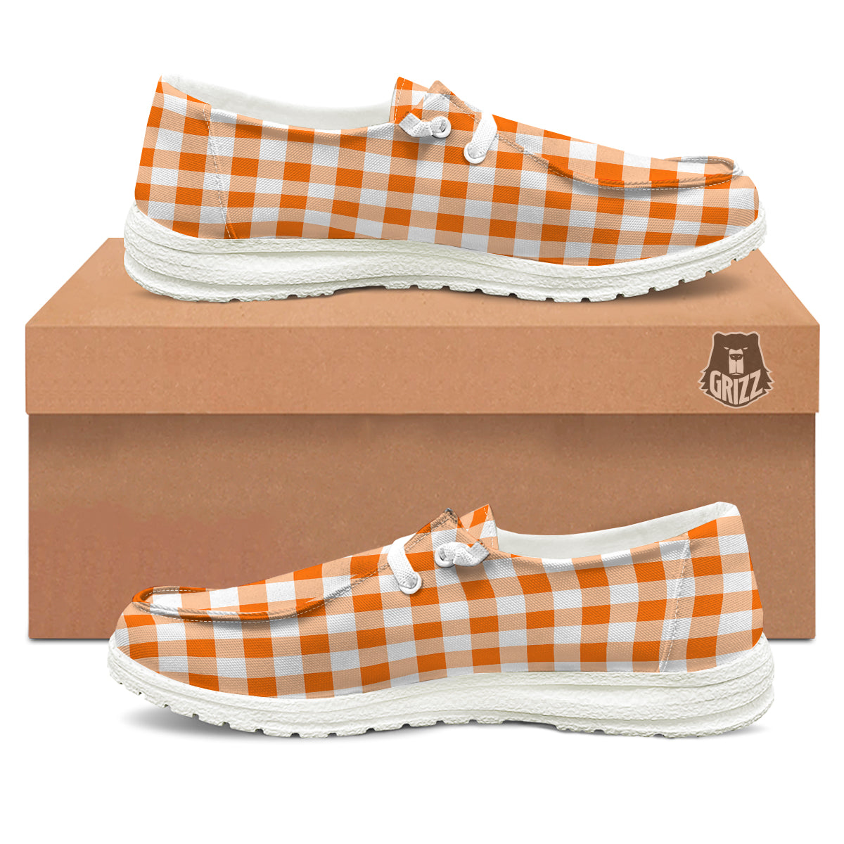 White And Orange Check Print Pattern White Loafers-grizzshop