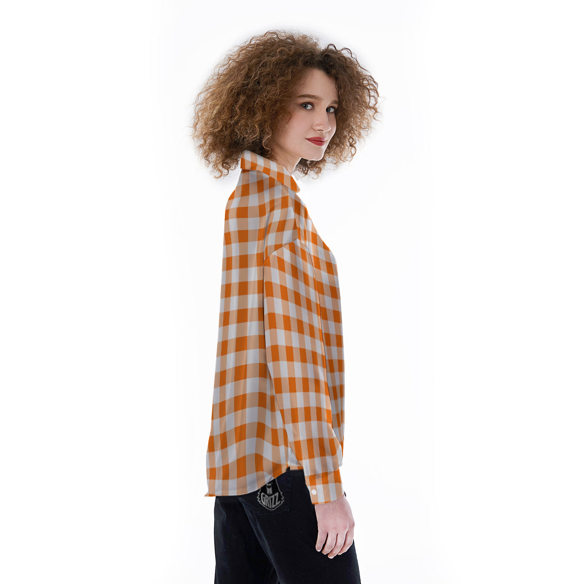 White And Orange Check Print Pattern Women's Long Sleeve Shirts-grizzshop