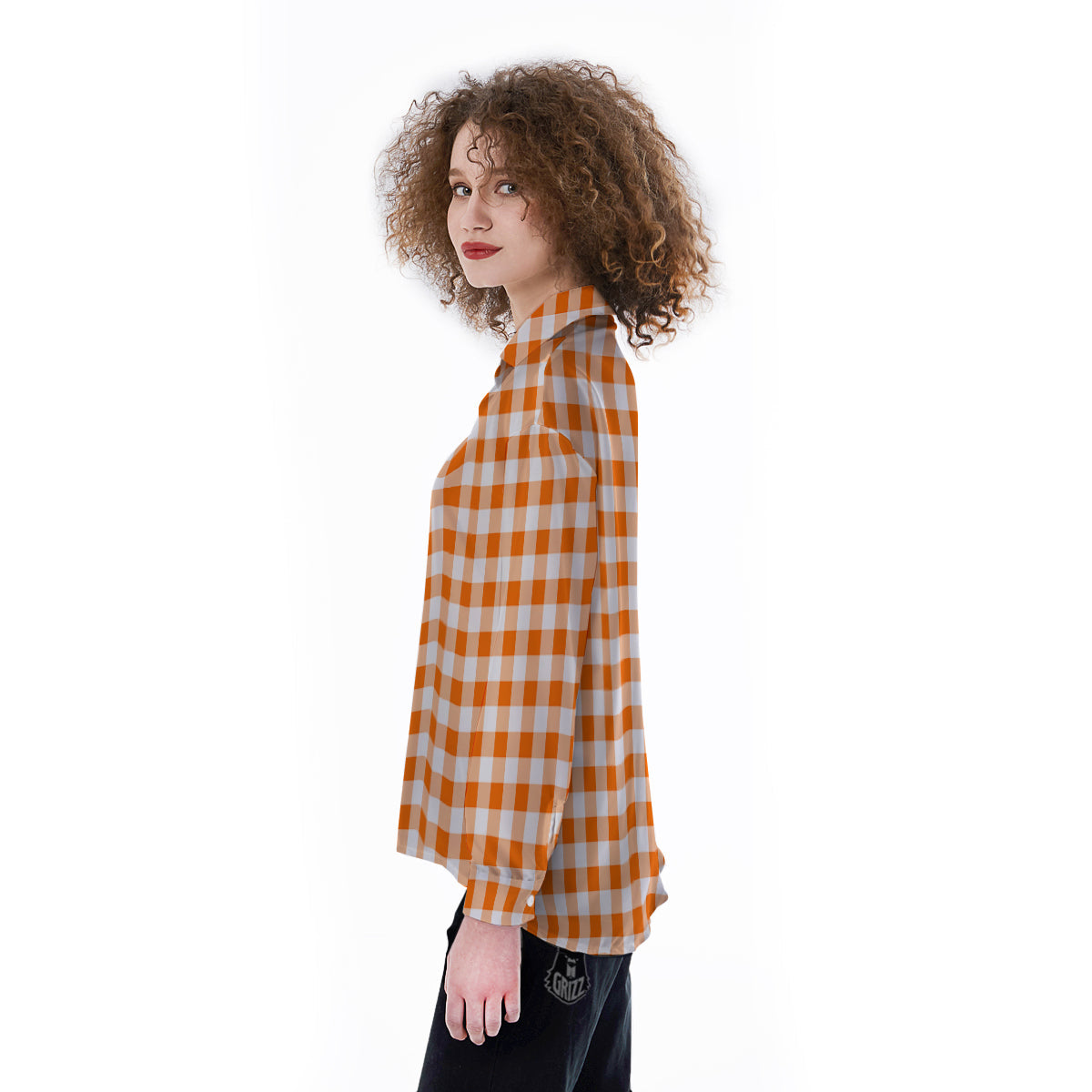 White And Orange Check Print Pattern Women's Long Sleeve Shirts-grizzshop