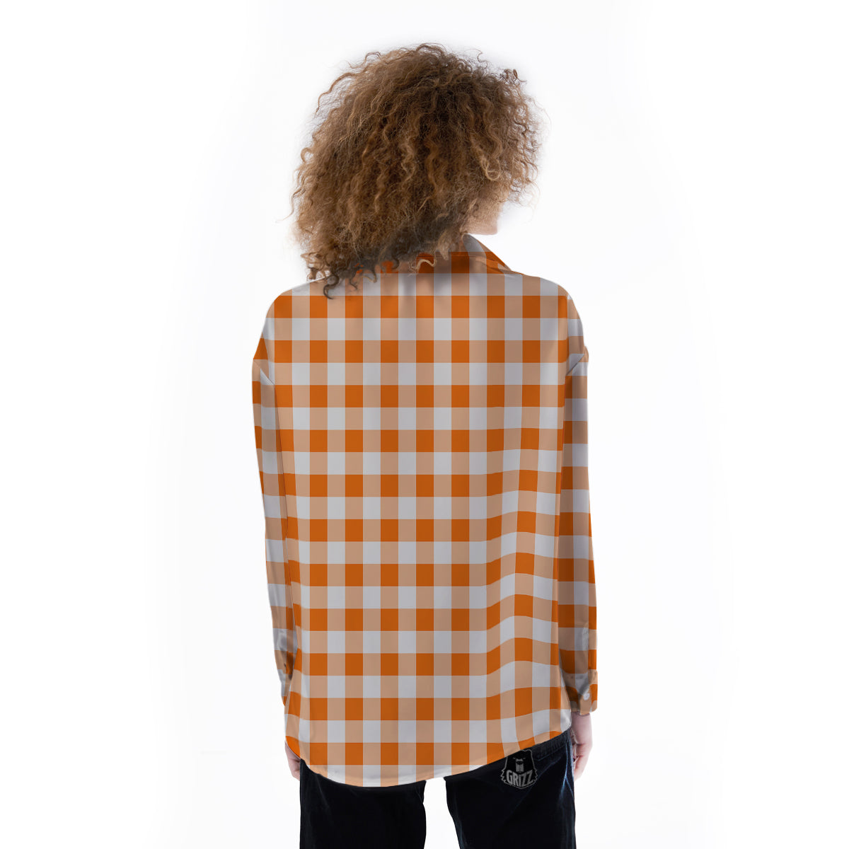 White And Orange Check Print Pattern Women's Long Sleeve Shirts-grizzshop