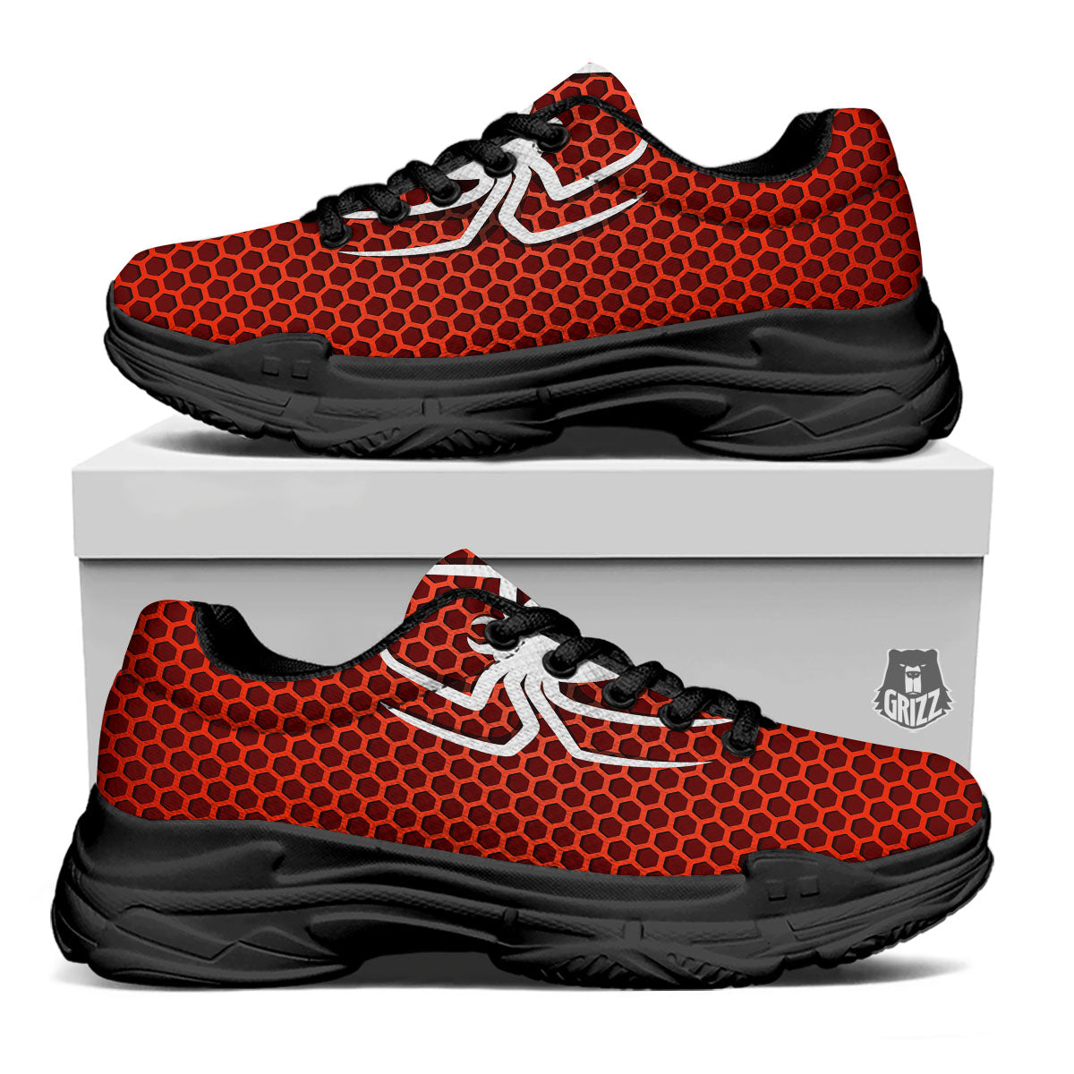 White And Red Spider Print Black Chunky Shoes-grizzshop
