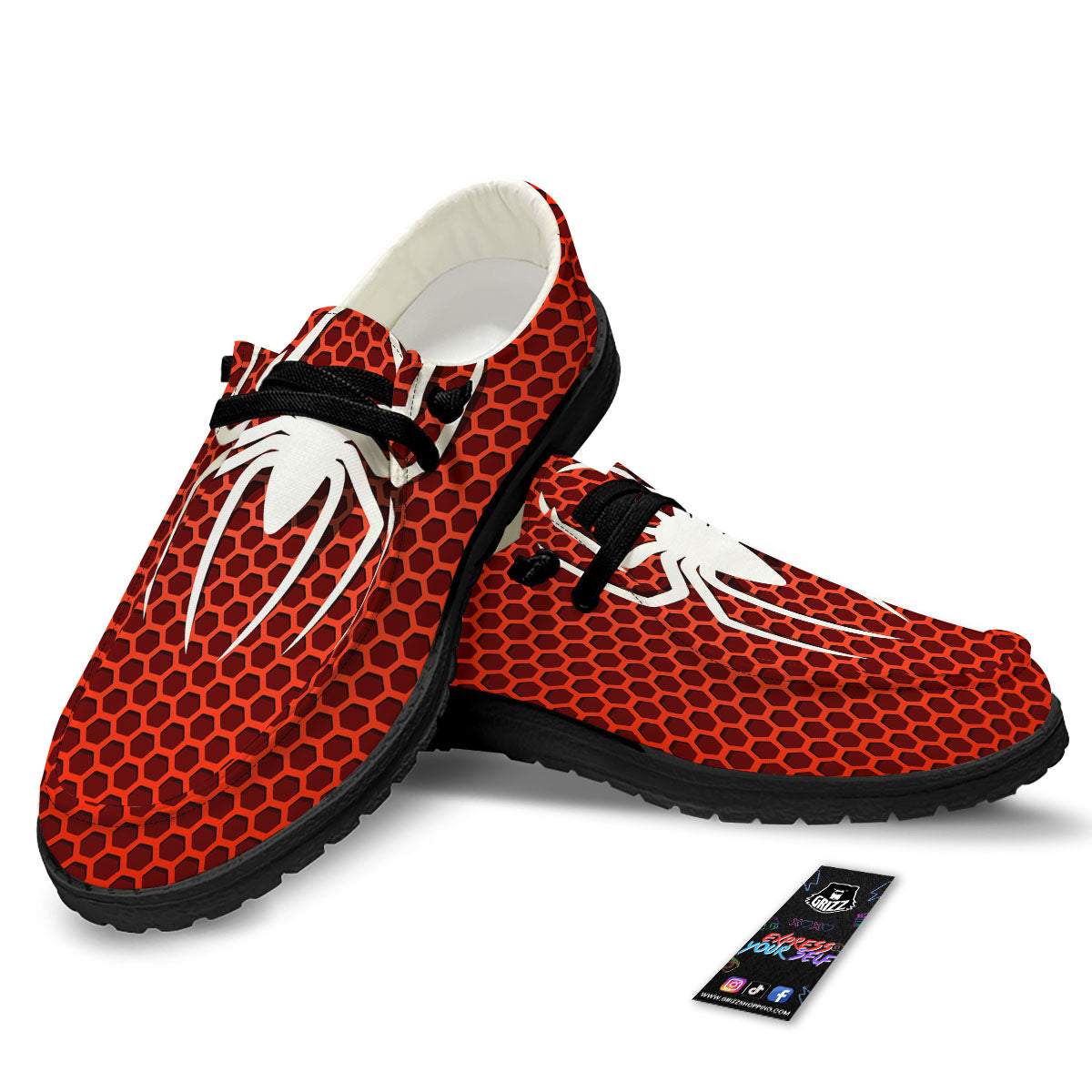 White And Red Spider Print Black Loafers-grizzshop