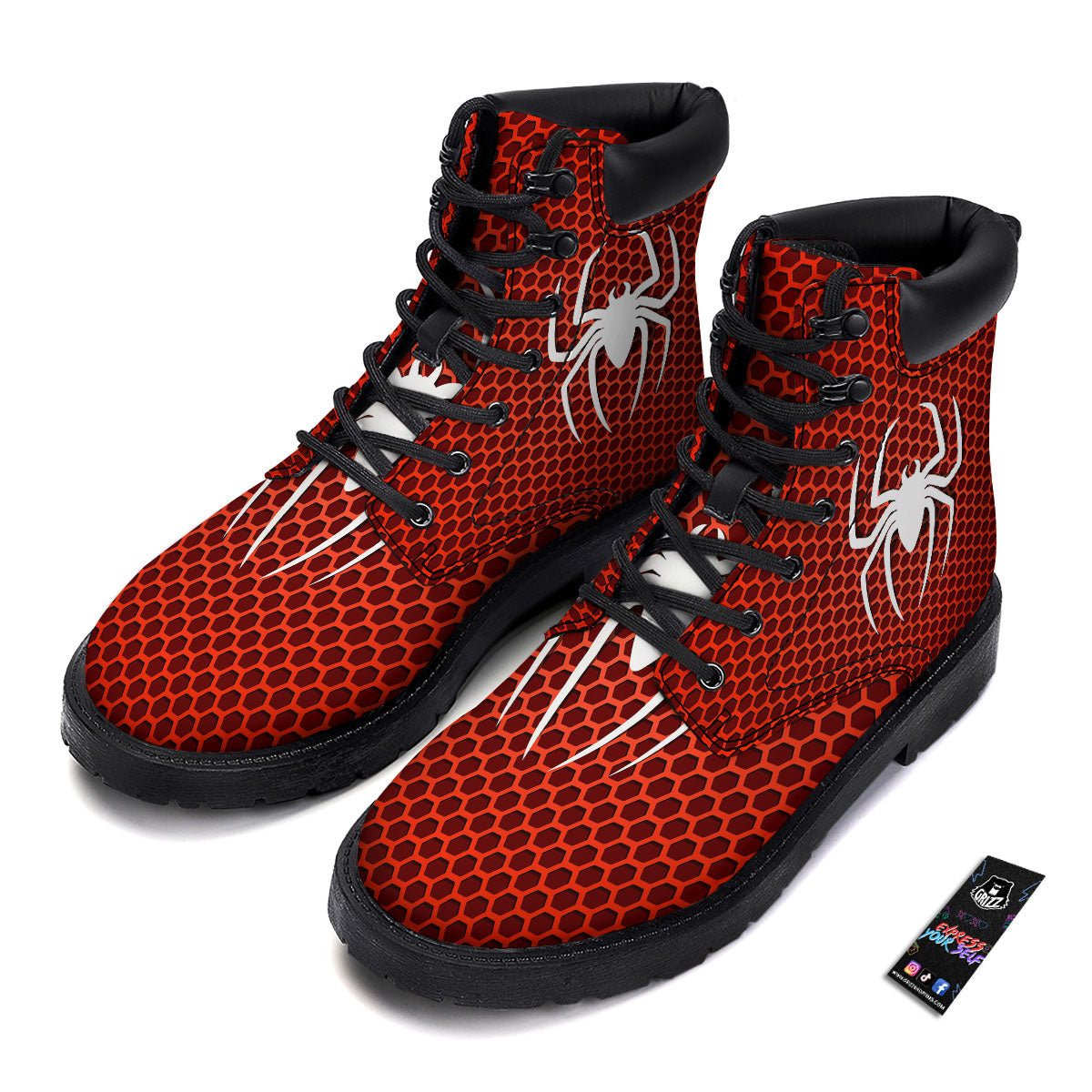 White And Red Spider Print Boots-grizzshop