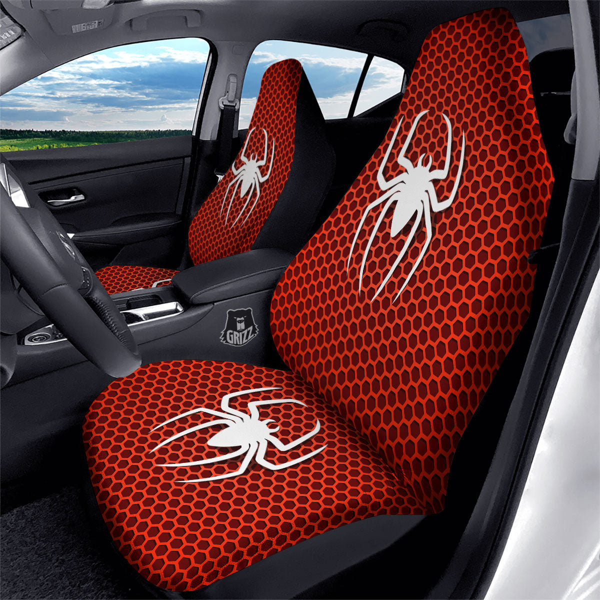 White And Red Spider Print Car Seat Covers-grizzshop