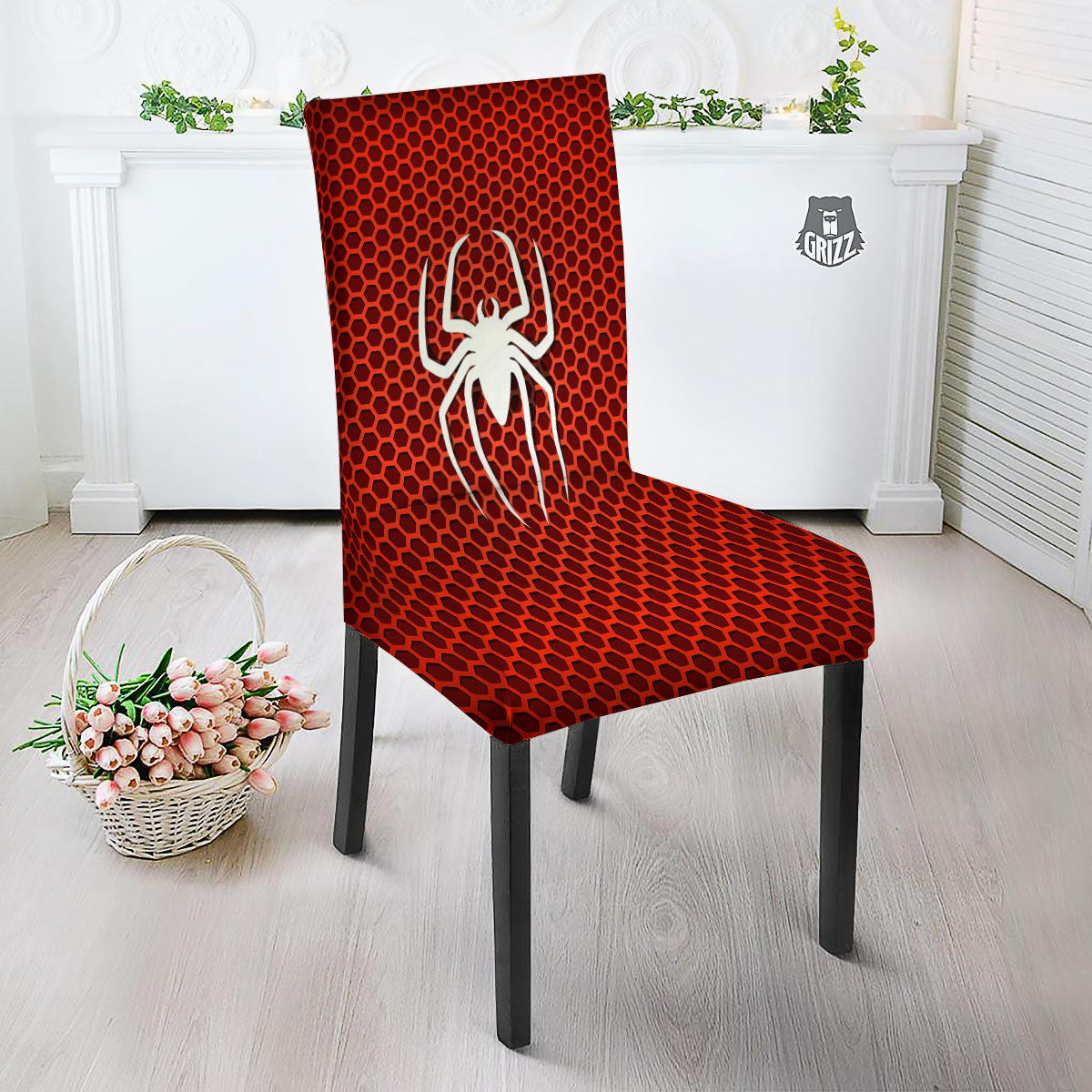 White And Red Spider Print Dining Chair Slipcover-grizzshop