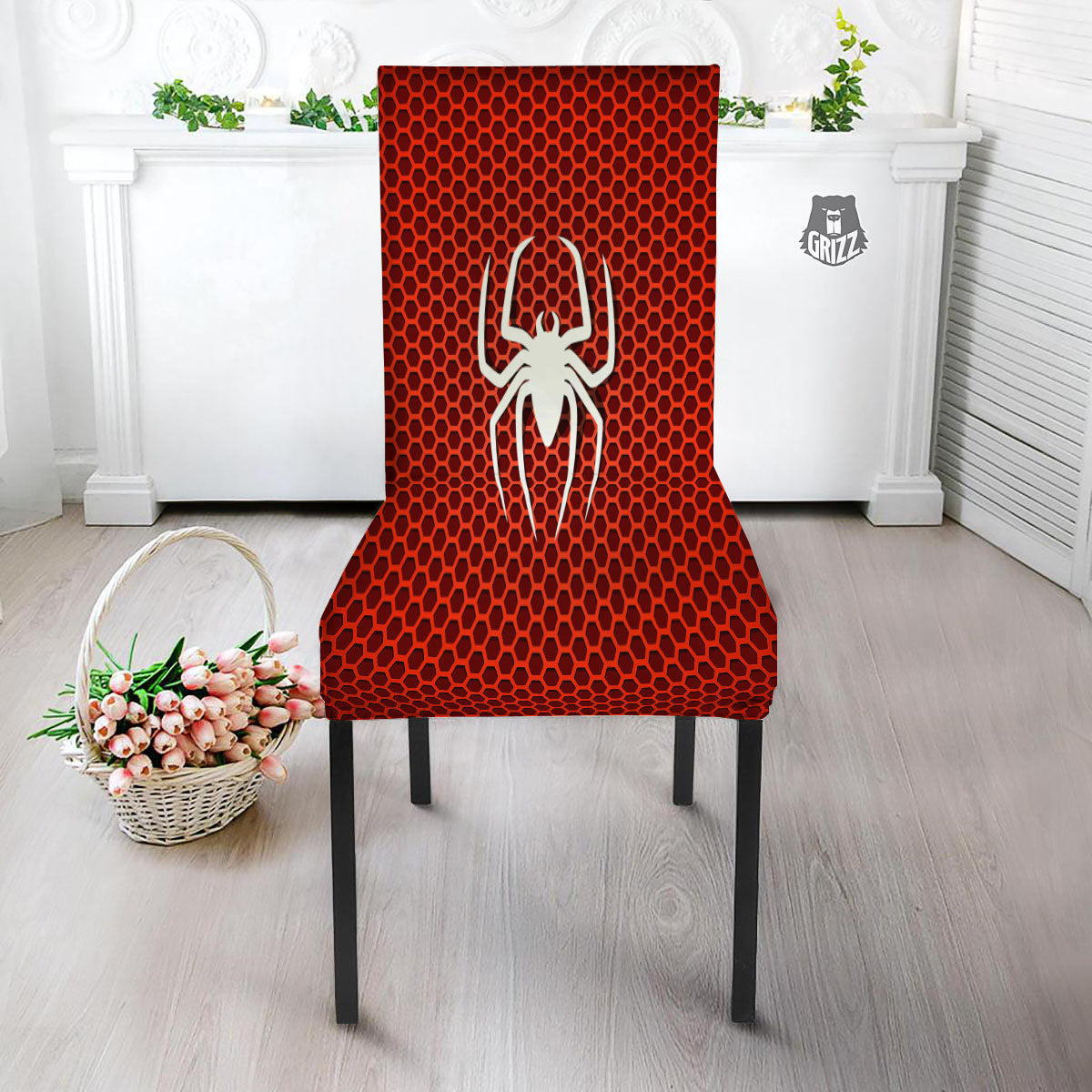 White And Red Spider Print Dining Chair Slipcover-grizzshop