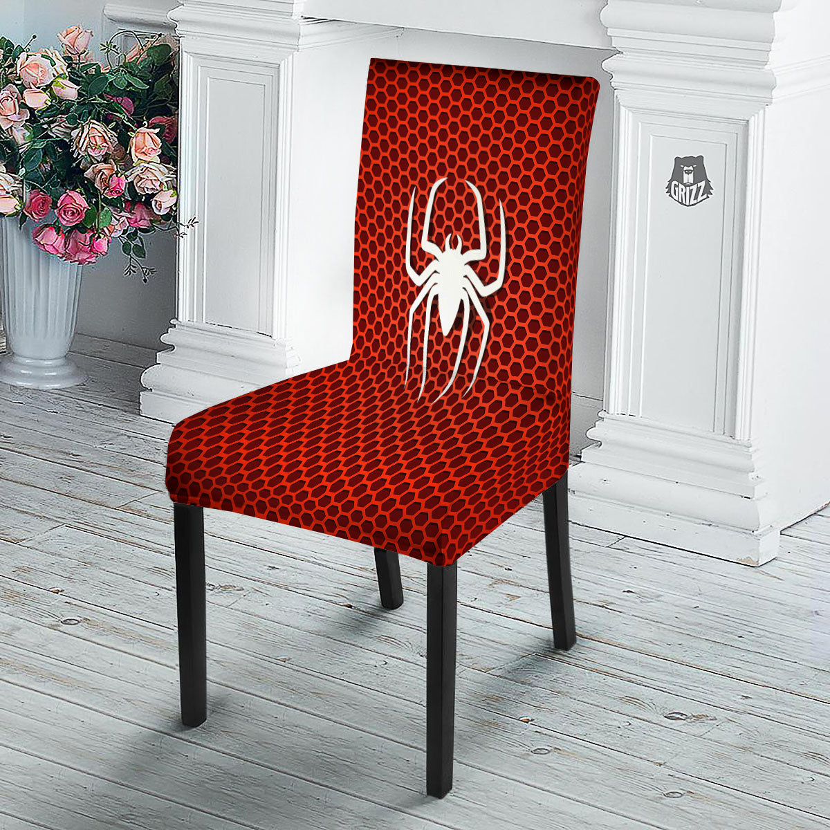 White And Red Spider Print Dining Chair Slipcover-grizzshop