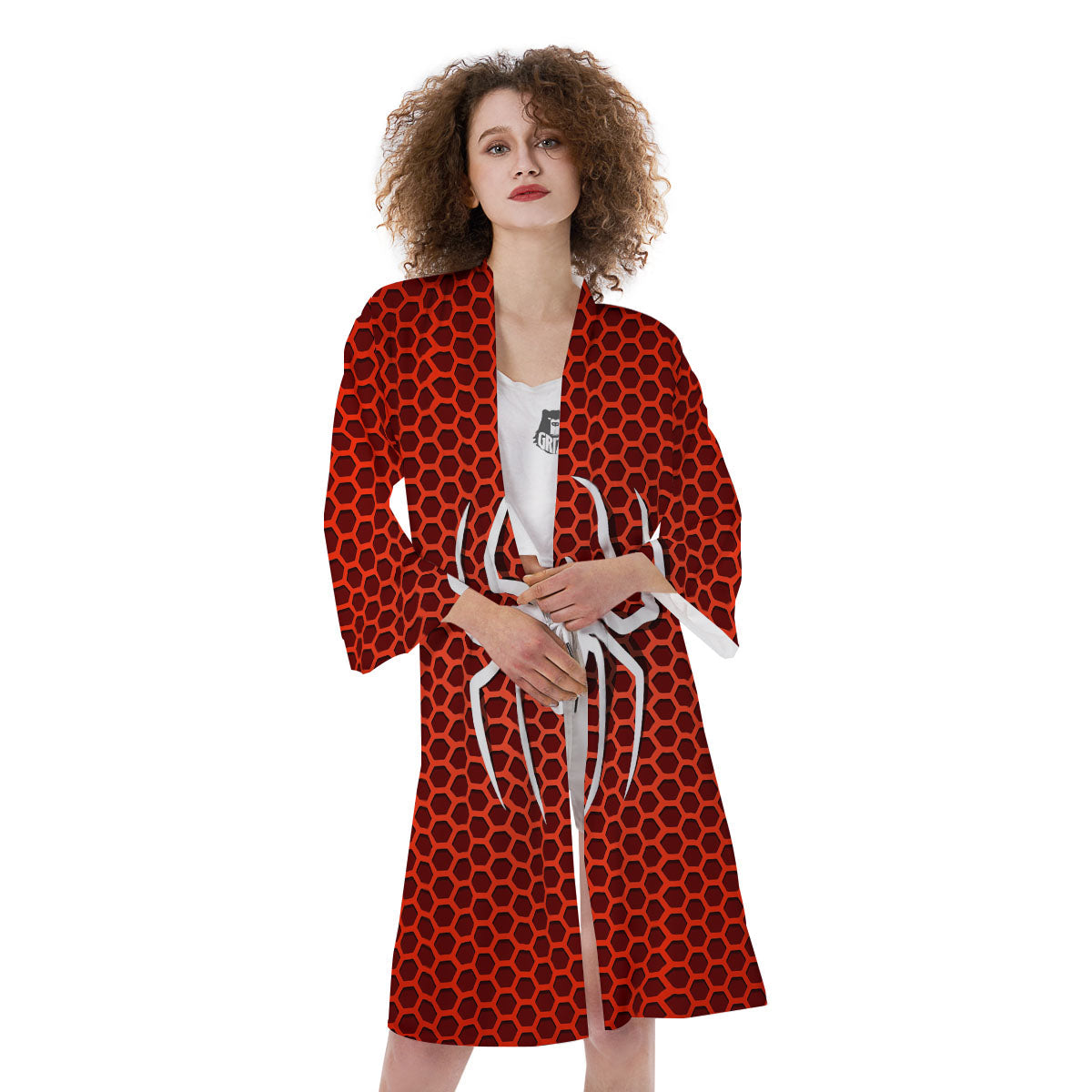 White And Red Spider Print Kimono-grizzshop