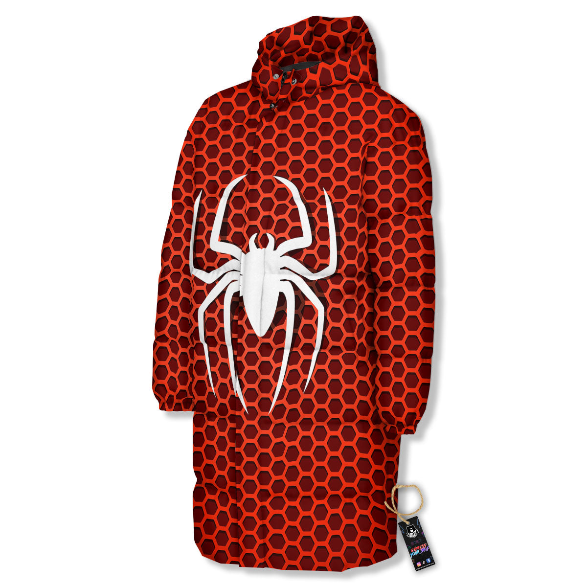 White And Red Spider Print Long Down Jacket-grizzshop