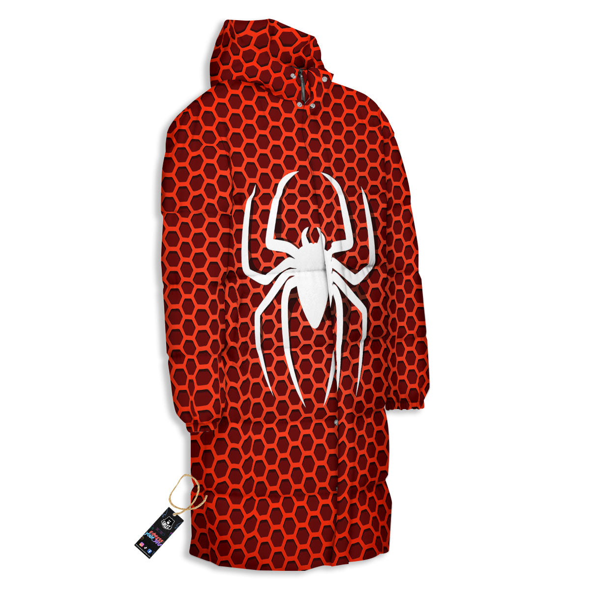 White And Red Spider Print Long Down Jacket-grizzshop