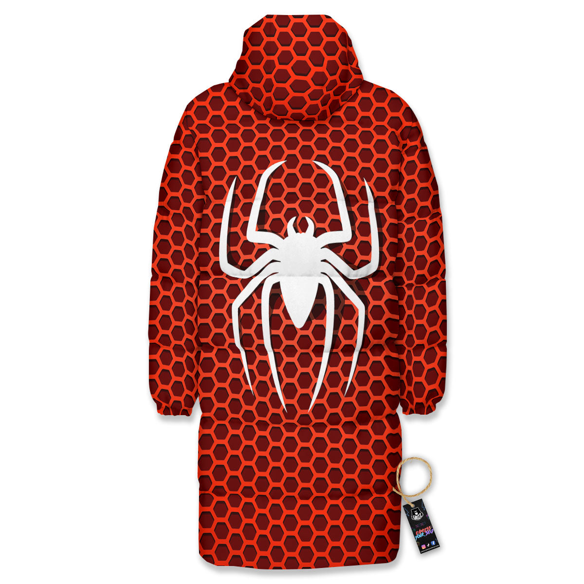 White And Red Spider Print Long Down Jacket-grizzshop
