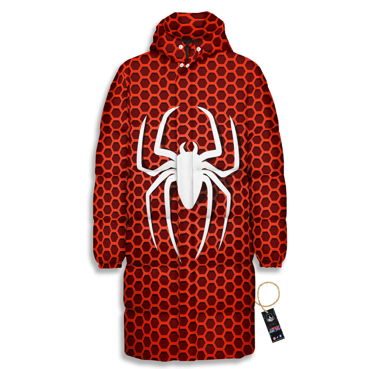 White And Red Spider Print Long Down Jacket-grizzshop