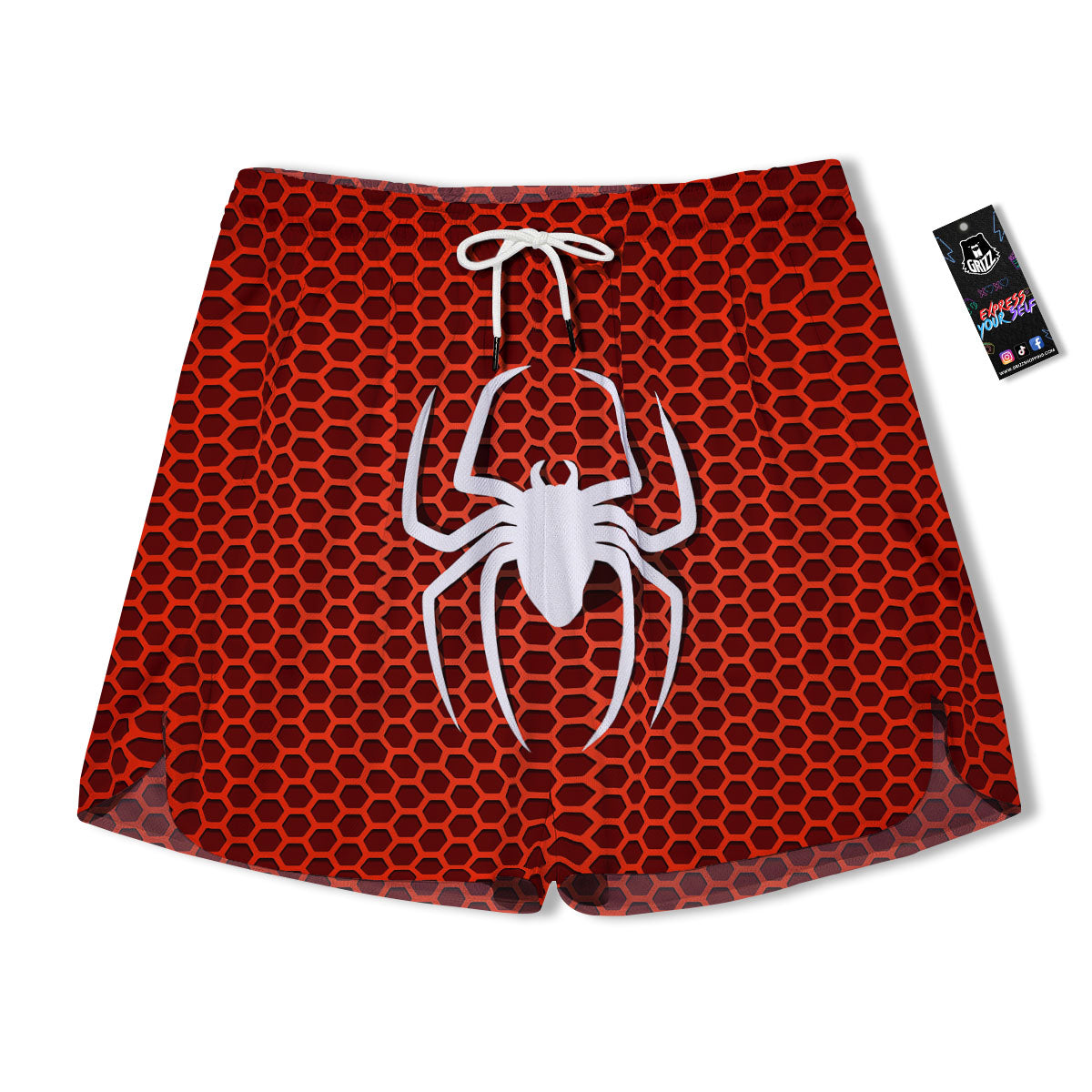 White And Red Spider Print Men's Running Shorts-grizzshop