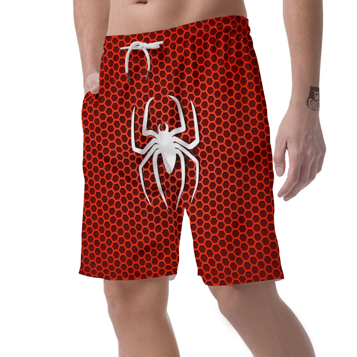 White And Red Spider Print Men's Shorts-grizzshop