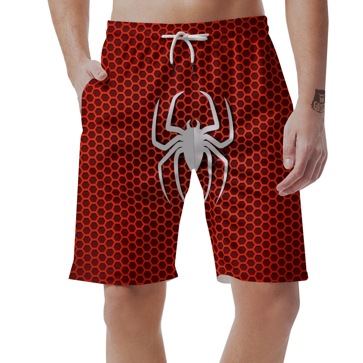 White And Red Spider Print Men's Shorts-grizzshop