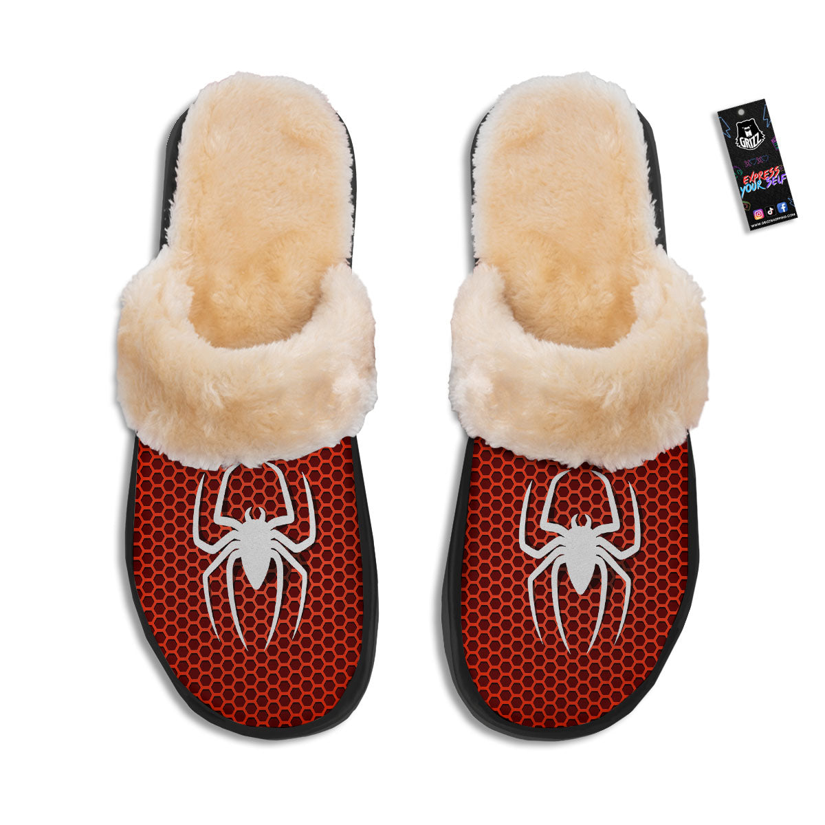 White And Red Spider Print Slippers-grizzshop