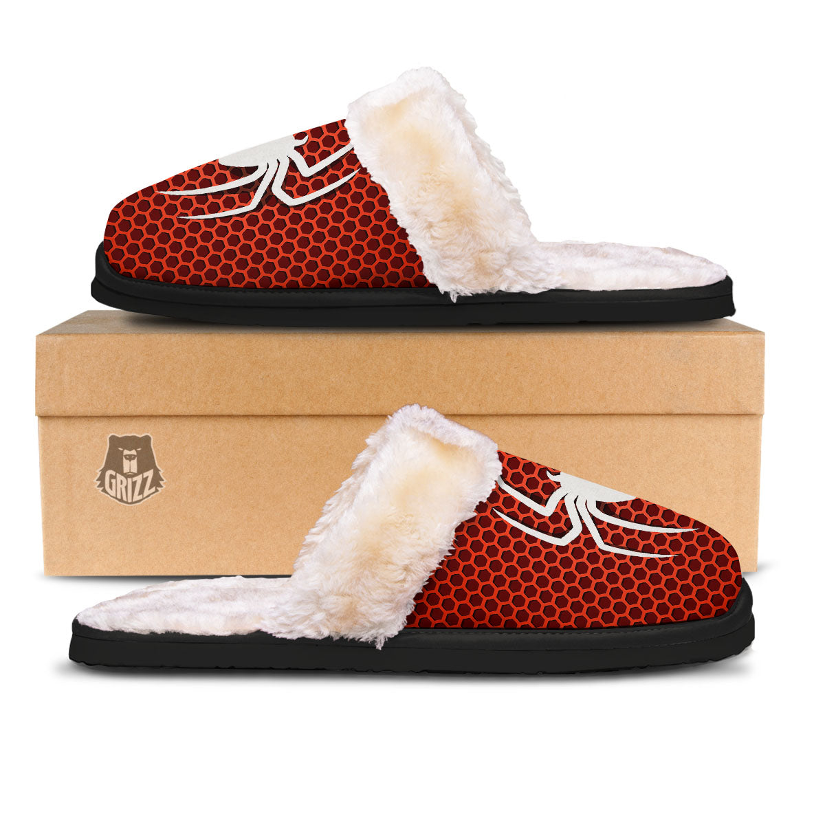 White And Red Spider Print Slippers-grizzshop