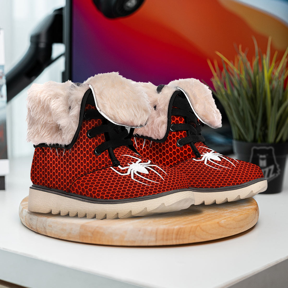 White And Red Spider Print Snow Boots-grizzshop