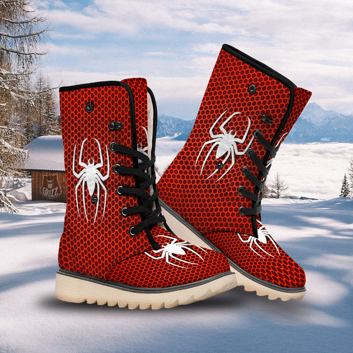 White And Red Spider Print Snow Boots-grizzshop