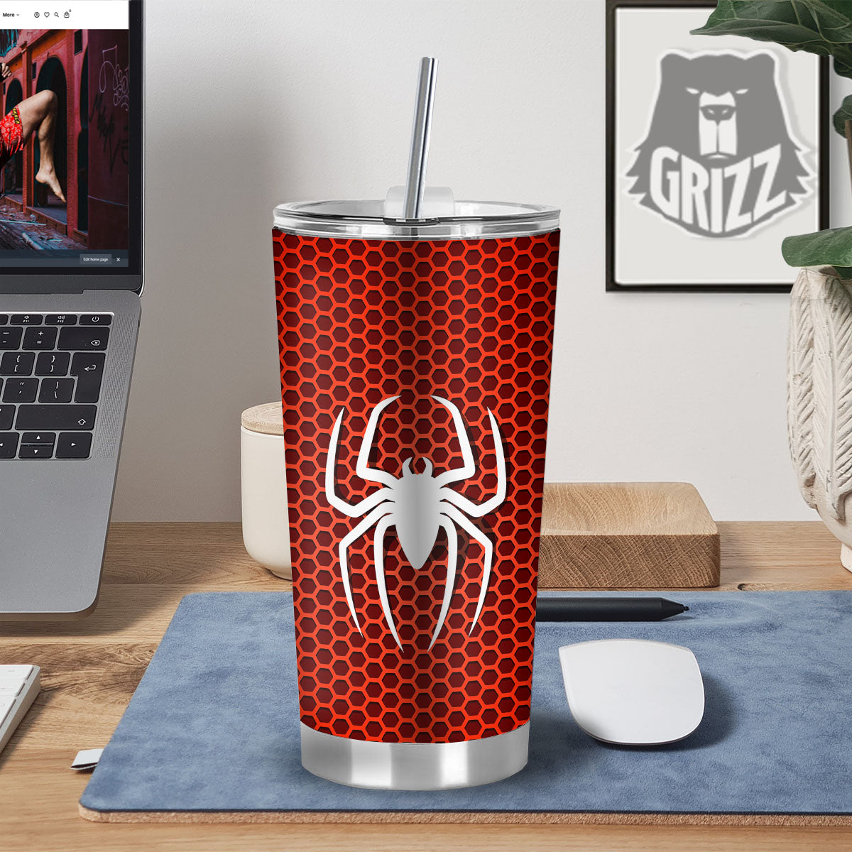 White And Red Spider Print Tumbler-grizzshop