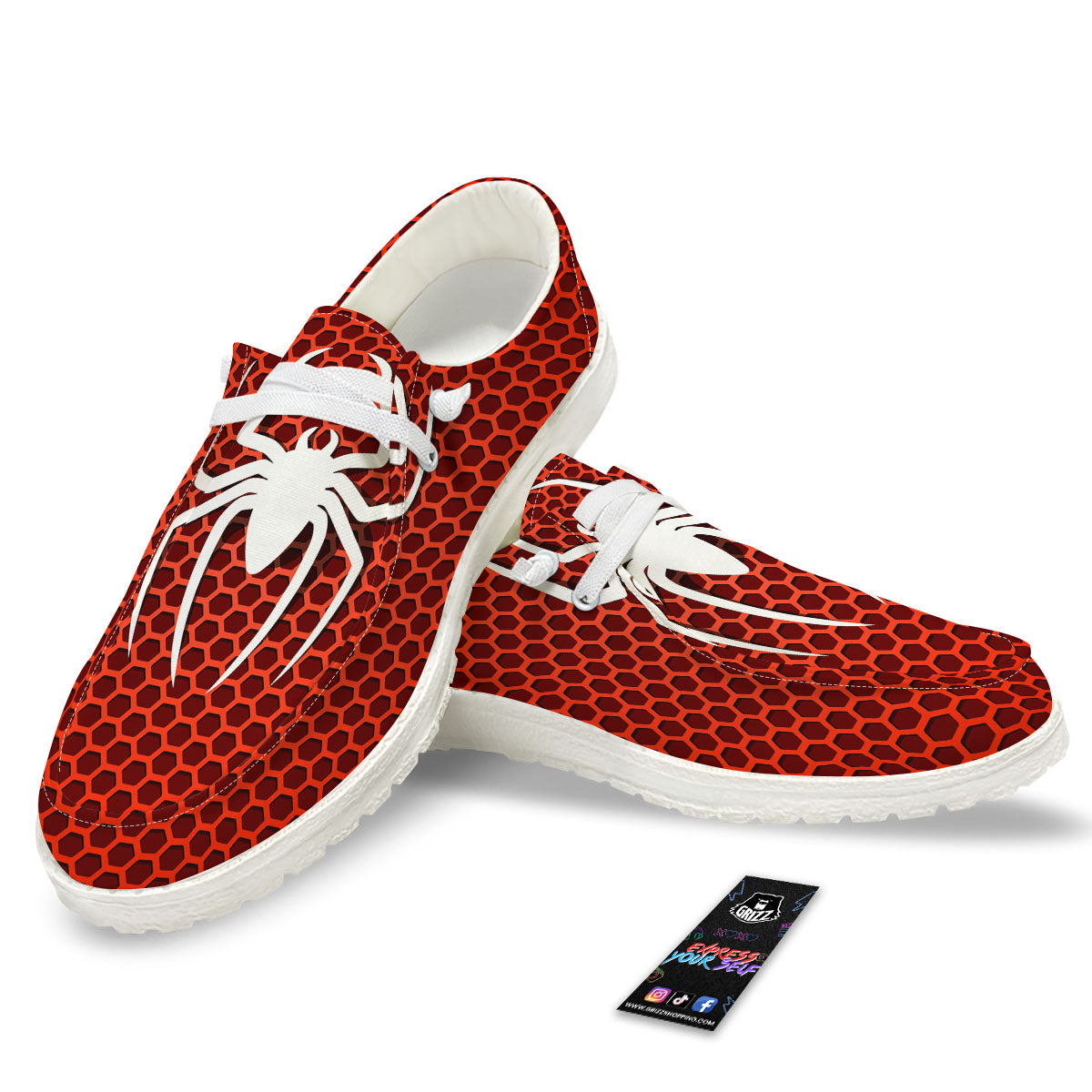 White And Red Spider Print White Loafers-grizzshop