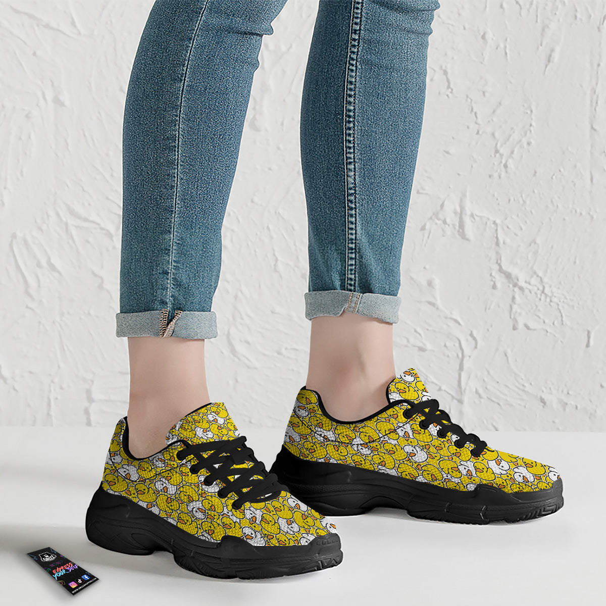White And Yellow Duck Rubber Print Pattern Black Chunky Shoes-grizzshop