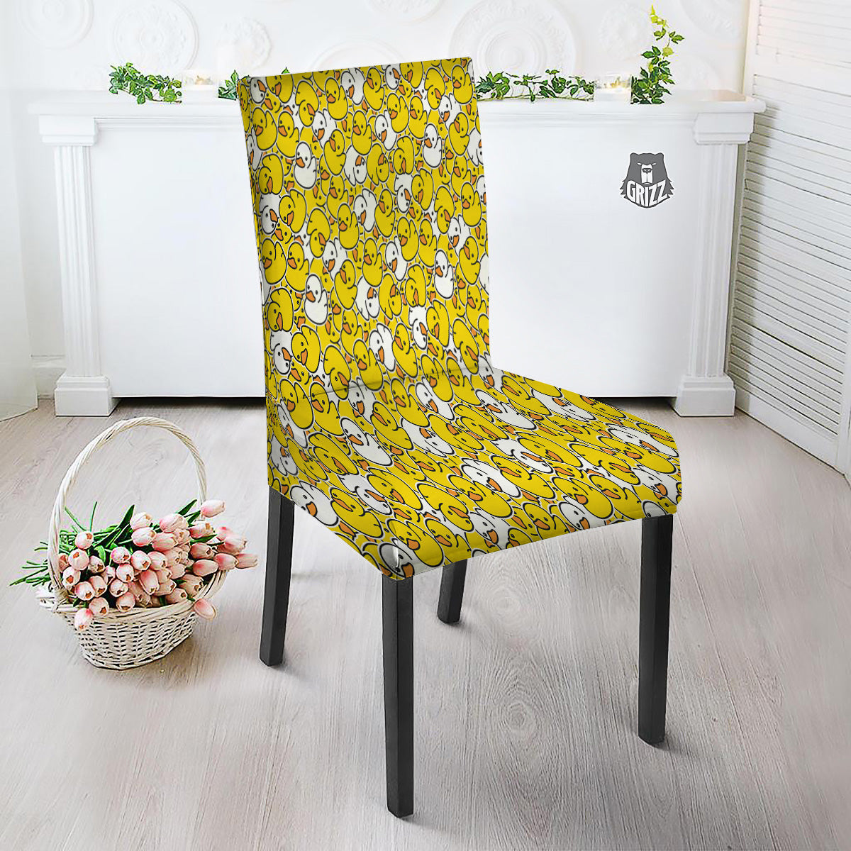 White And Yellow Duck Rubber Print Pattern Dining Chair Slipcover-grizzshop