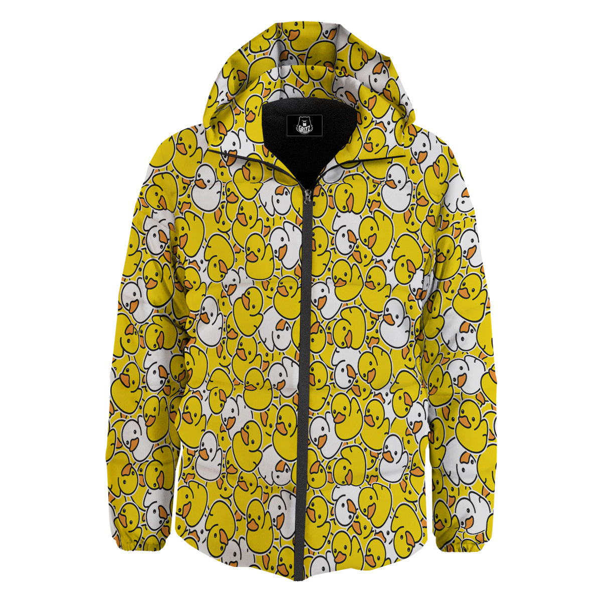 White And Yellow Duck Rubber Print Pattern Down Jacket-grizzshop