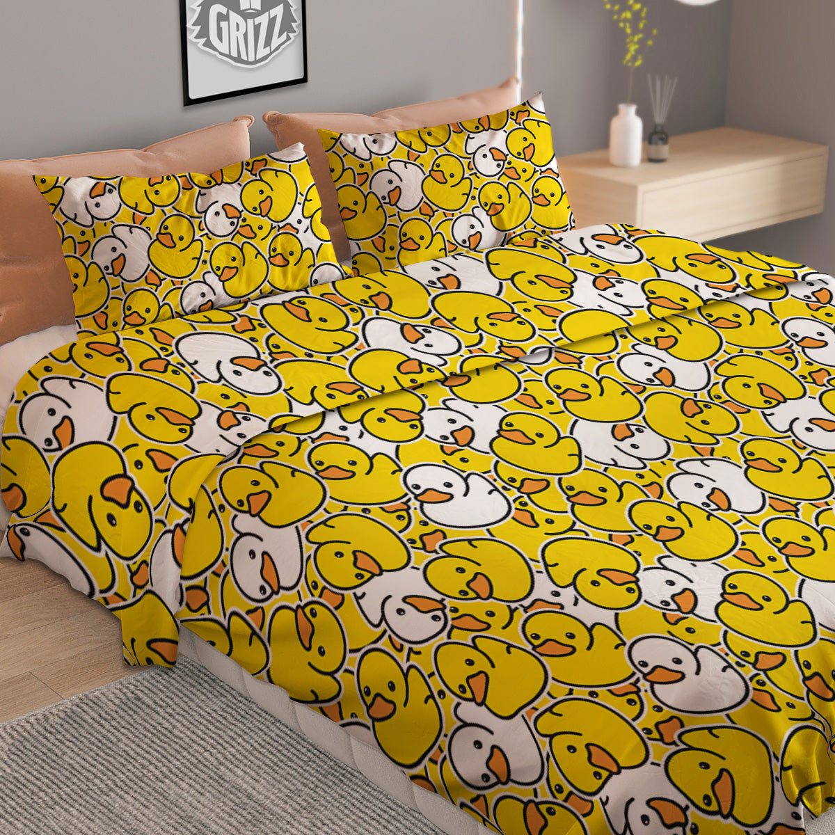 White And Yellow Duck Rubber Print Pattern Duvet Cover Bedding Set