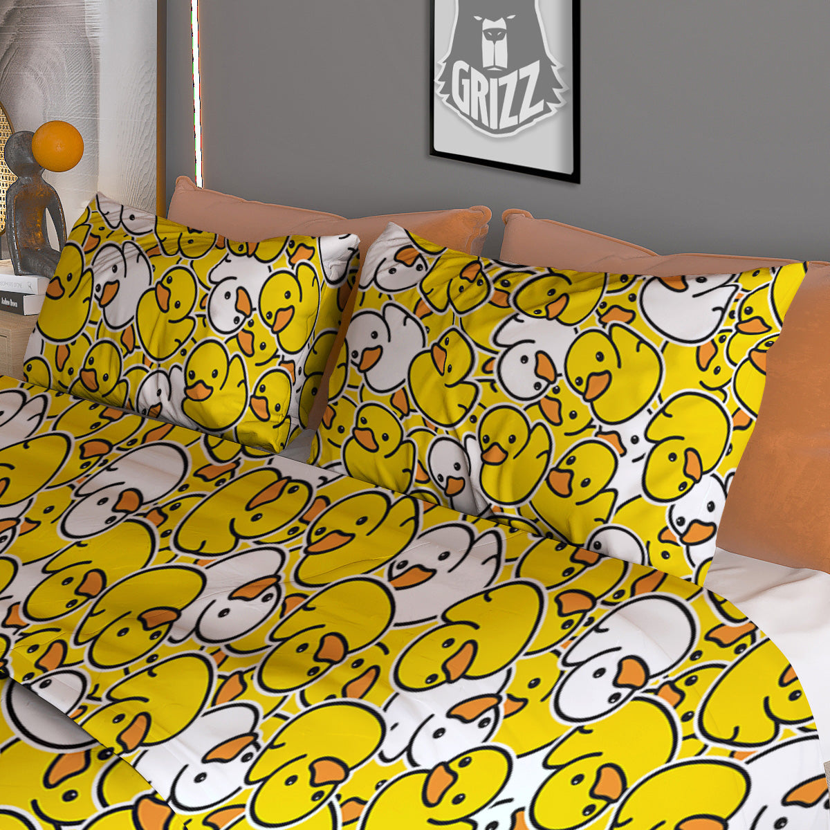 White And Yellow Duck Rubber Print Pattern Duvet Cover Bedding Set