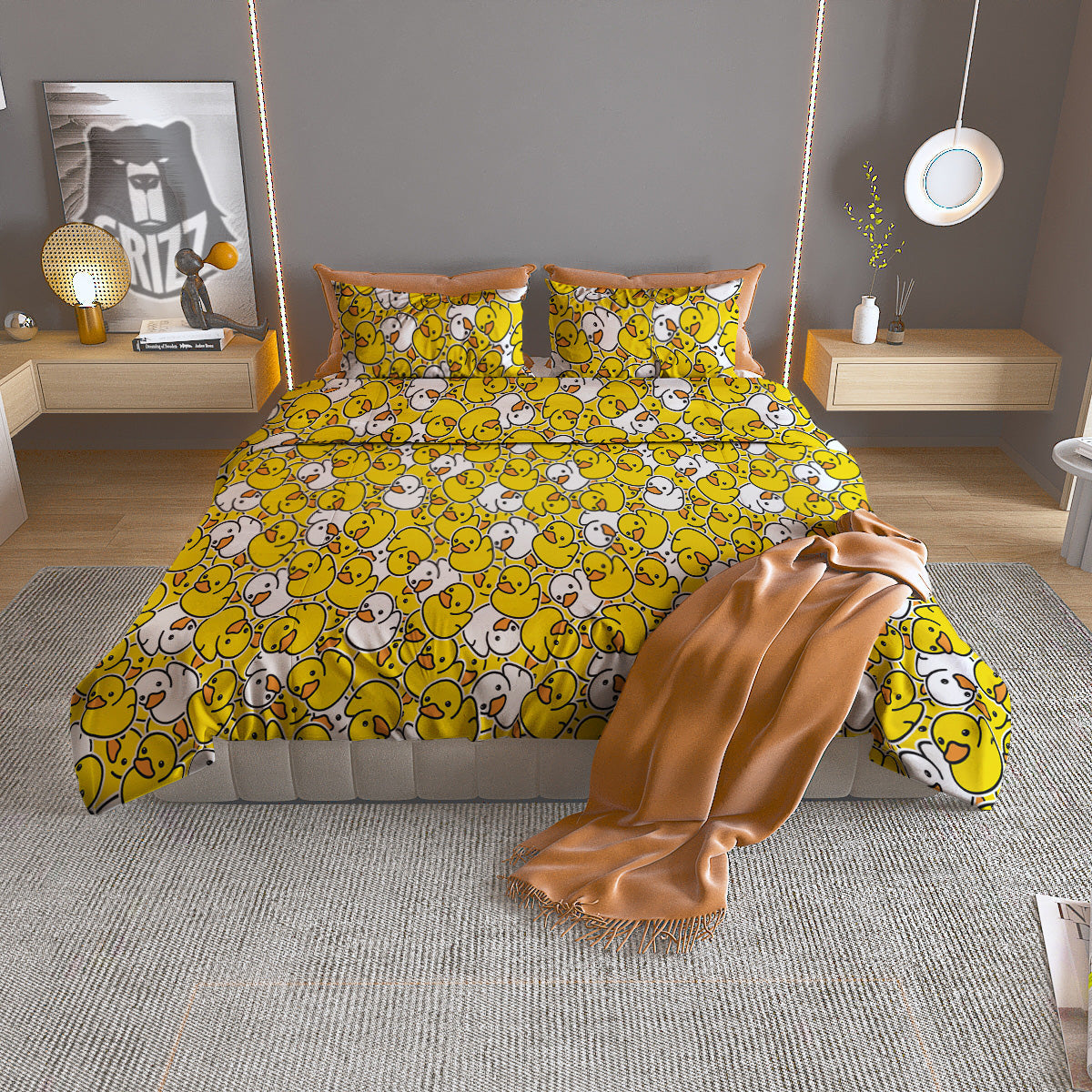 White And Yellow Duck Rubber Print Pattern Duvet Cover Bedding Set