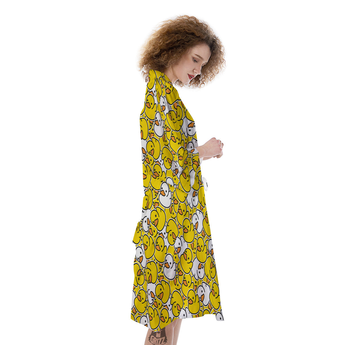 White And Yellow Duck Rubber Print Pattern Kimono-grizzshop