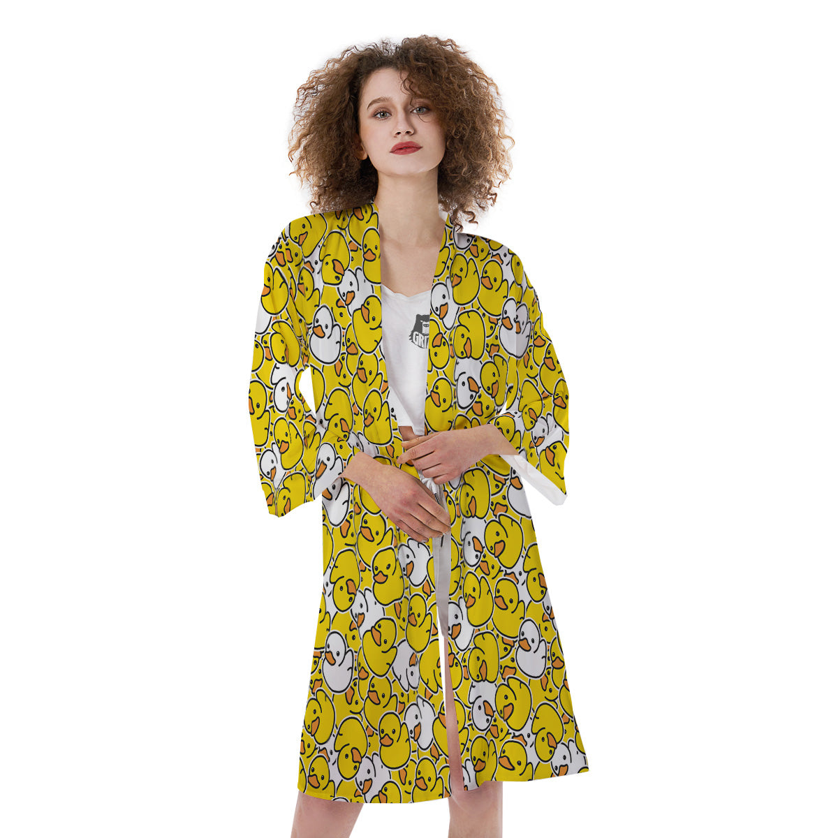 White And Yellow Duck Rubber Print Pattern Kimono-grizzshop
