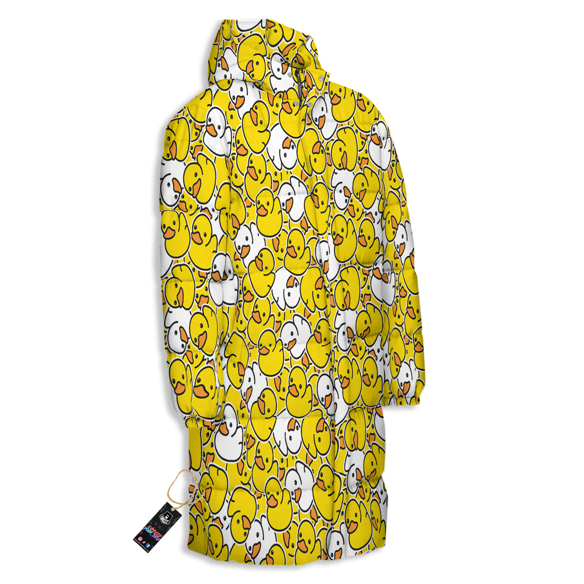 White And Yellow Duck Rubber Print Pattern Long Down Jacket-grizzshop