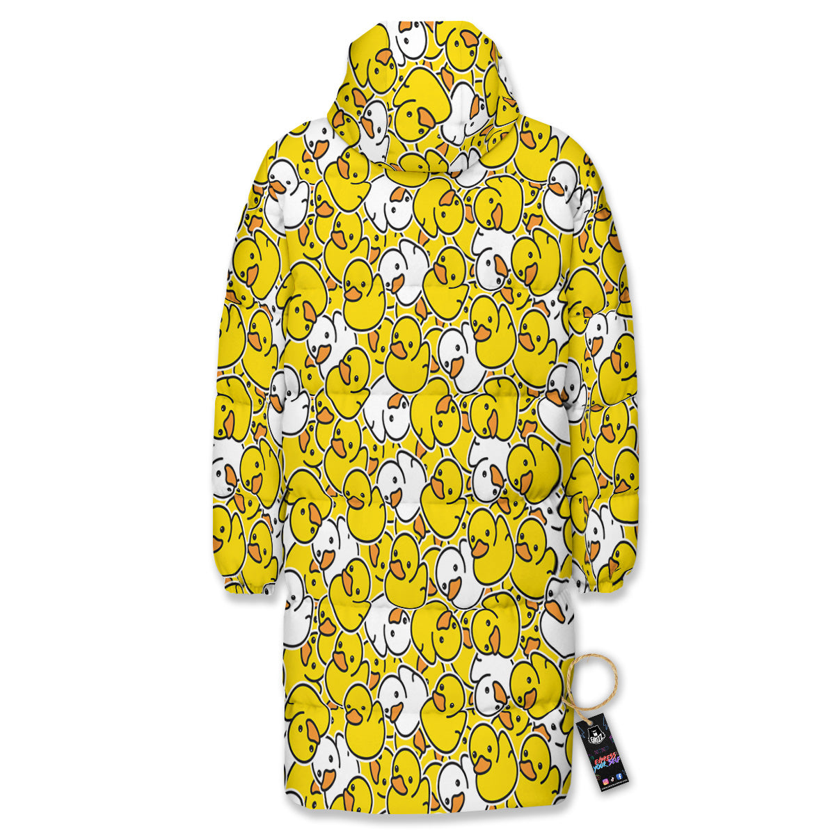 White And Yellow Duck Rubber Print Pattern Long Down Jacket-grizzshop