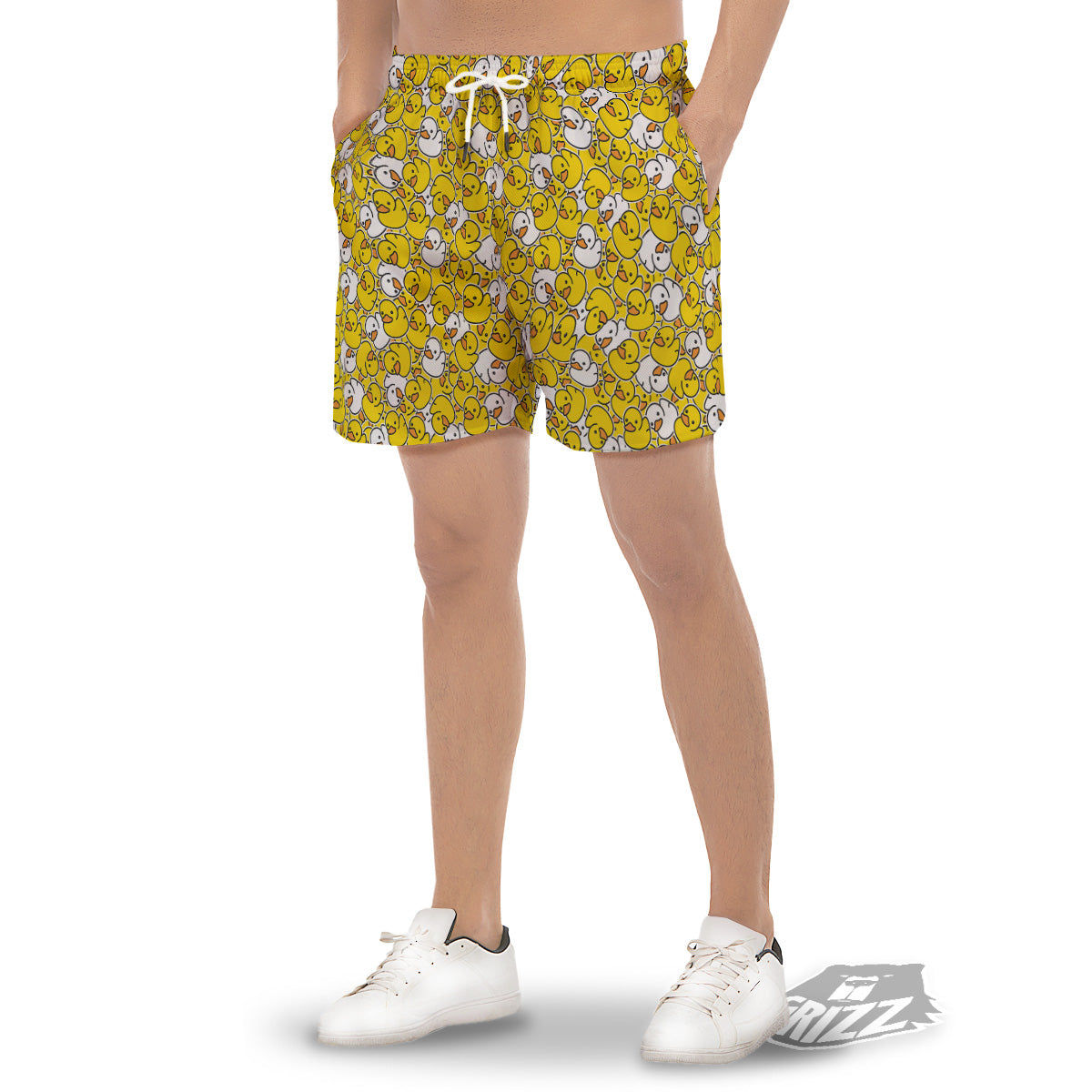 White And Yellow Duck Rubber Print Pattern Men's Gym Shorts-grizzshop